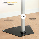 The Mount-It! Secure Universal Tablet Floor Stand with Lock features a triangular black base and two setup options—bolt down for security or freestanding for flexibility—perfect as a retail kiosk or lockable mount.