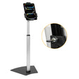 The Mount-It! Secure Universal Tablet Floor Stand with Lock is displayed with a mounted tablet. An inset shows a close-up of a key in the lock, highlighting its security—perfect for retail kiosk use.