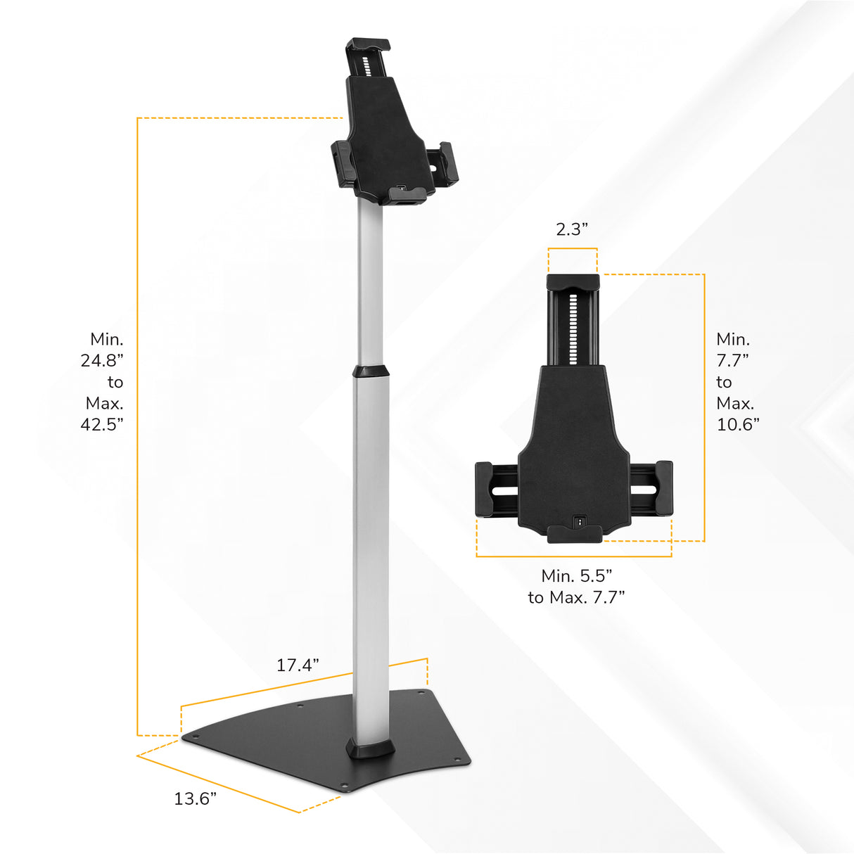 The Mount-It! Secure Universal Tablet Floor Stand with Lock features a black adjustable holder and silver pole, perfect for retail kiosks. Base: 13.6x17.4 inches; height: 24.8–42.5 inches; fits tablets 5.5–7.7" wide and 7.7–10.6" high.