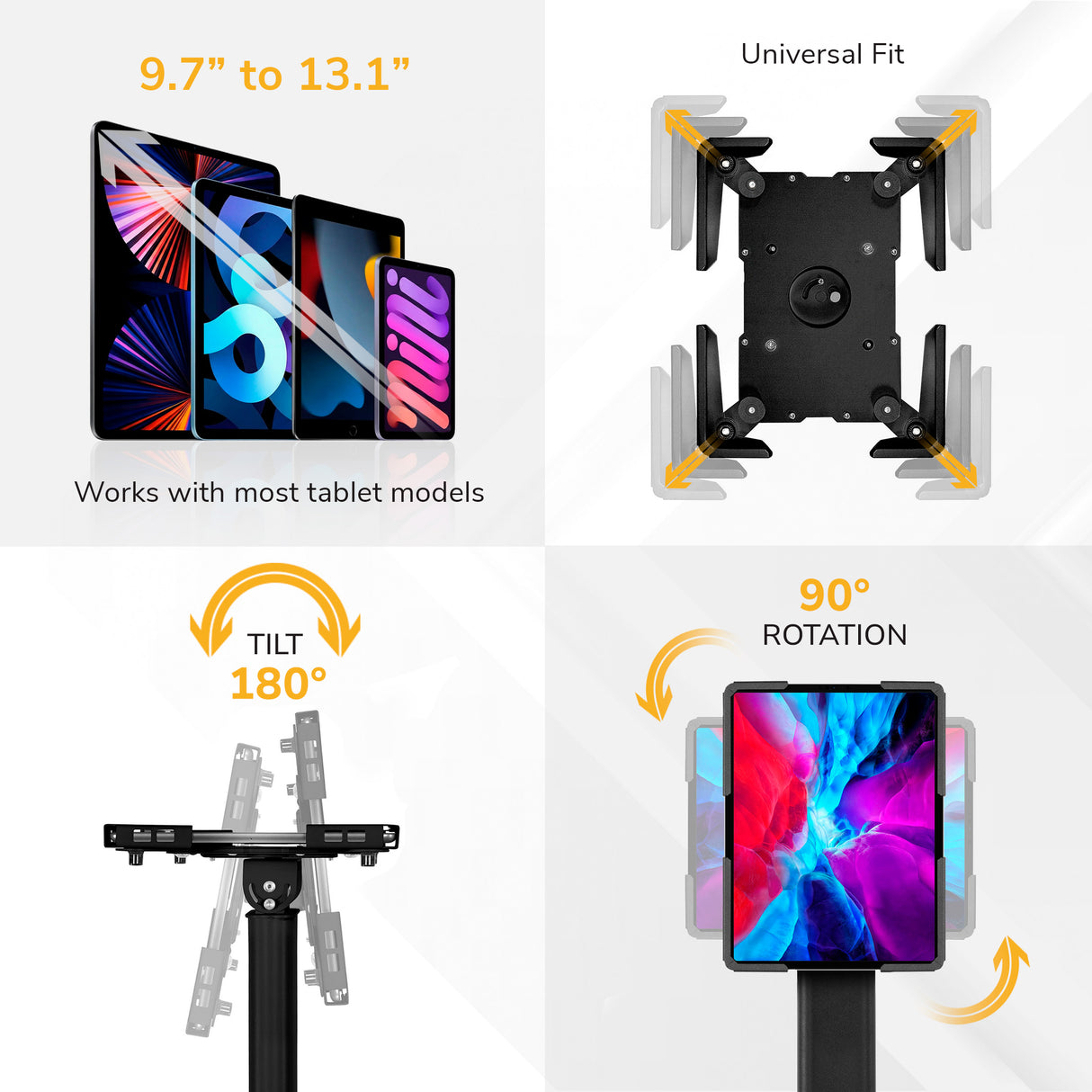 Infographic of the Mount-It! Universal Tablet Floor Kiosk: fits 9.7–13.1" tablets with adjustable grips, offers 180° tilt and 90° rotation for portrait or landscape use, plus secure mounting—illustrations highlight each feature.