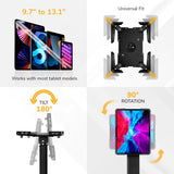 Infographic of the Mount-It! Universal Tablet Floor Kiosk: fits 9.7–13.1" tablets with adjustable grips, offers 180° tilt and 90° rotation for portrait or landscape use, plus secure mounting—illustrations highlight each feature.