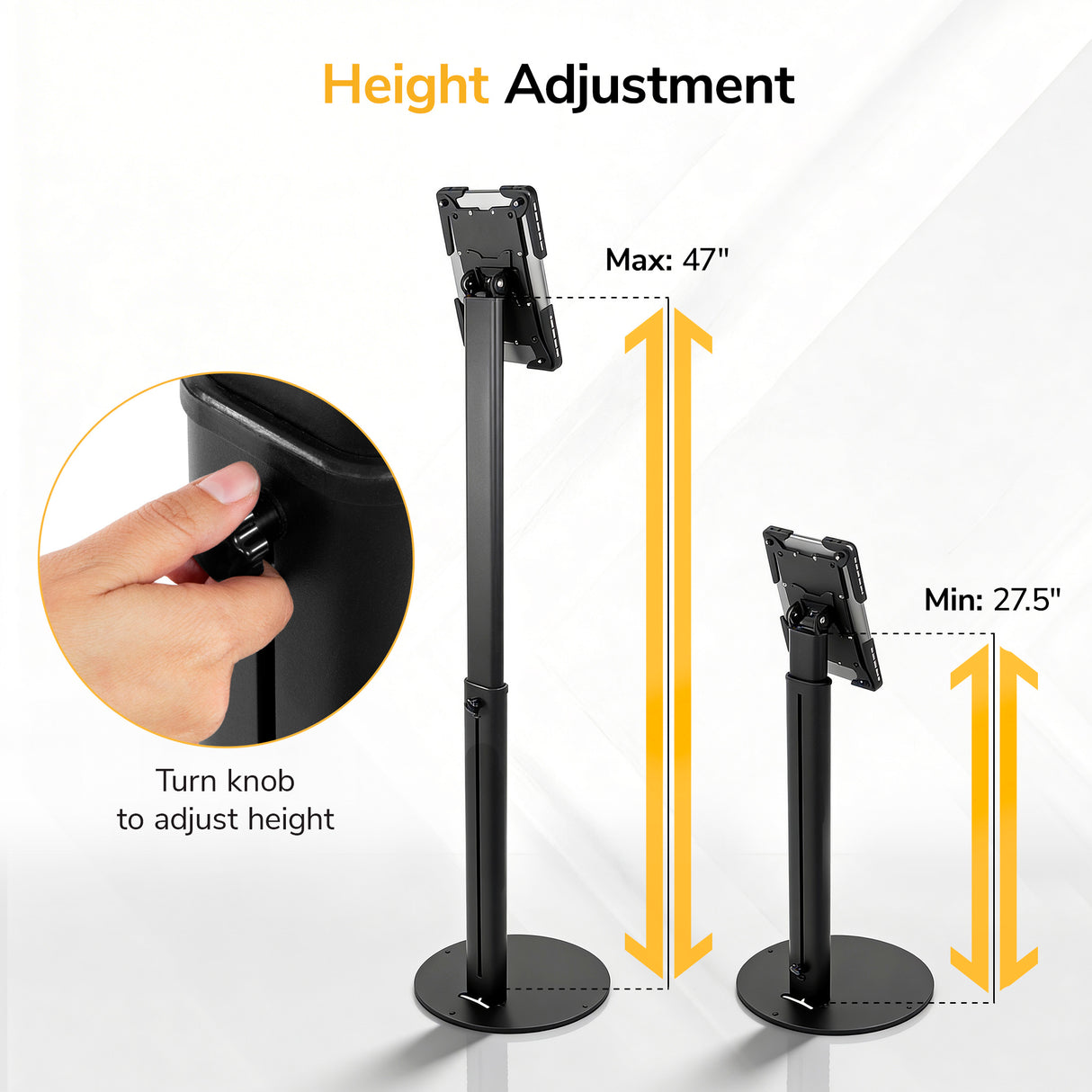The Mount-It! Universal Tablet Floor Kiosk is a black adjustable stand with a secure mount, offering height adjustment from 27.5 to 47 inches. An inset image shows a hand turning the knob for easy height changes on this stable enclosure.