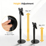 The Mount-It! Universal Tablet Floor Kiosk is a black adjustable stand with a secure mount, offering height adjustment from 27.5 to 47 inches. An inset image shows a hand turning the knob for easy height changes on this stable enclosure.