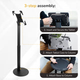 Three-step assembly guide for Mount-It! Universal Tablet Floor Kiosk: 1. Attach base to column, 2. Connect tablet enclosure, 3. Insert and secure your tablet. Photos show hands assembling this secure floor stand at each step.