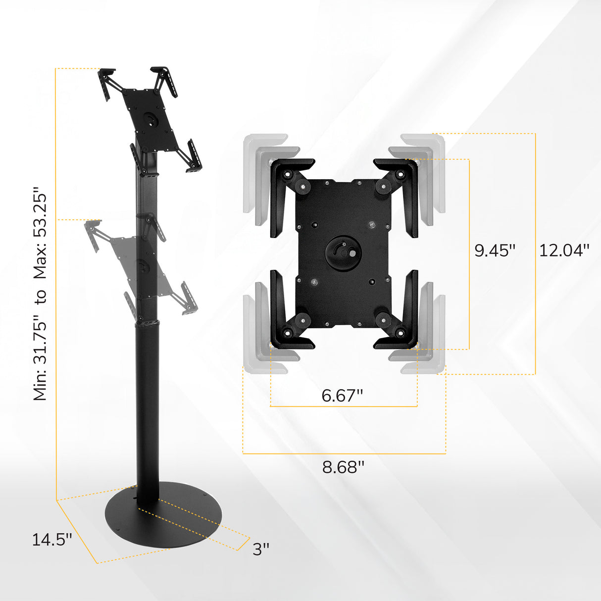 The Mount-It! Universal Tablet Floor Kiosk features a secure, adjustable tablet mount with extendable arms, a 14.5" round base, and height adjustment from 31.75" to 53.25". The tablet enclosure adjusts up to 8.68" x 12.04".