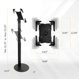 The Mount-It! Universal Tablet Floor Kiosk features a secure, adjustable tablet mount with extendable arms, a 14.5" round base, and height adjustment from 31.75" to 53.25". The tablet enclosure adjusts up to 8.68" x 12.04".