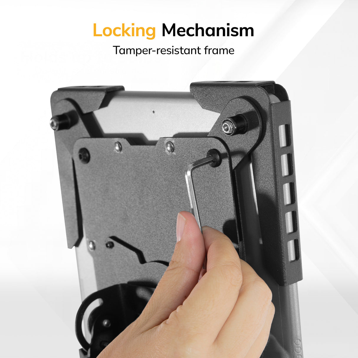 A hand uses a hex key to adjust the tamper-resistant locking mechanism on the Mount-It! Universal Tablet Floor Kiosk. Text above reads, "Locking Mechanism: Tamper-resistant frame for secure tablet mounting.