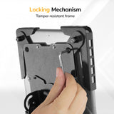 A hand uses a hex key to adjust the tamper-resistant locking mechanism on the Mount-It! Universal Tablet Floor Kiosk. Text above reads, "Locking Mechanism: Tamper-resistant frame for secure tablet mounting.