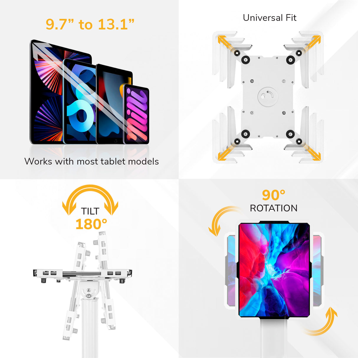 Four-panel graphic showcases the Mount-It! Universal Tablet Floor Kiosk: fits most 9.7"-13.1" tablets, features adjustable clamps for a universal fit, and allows 180° tilt and 90° rotation for flexible viewing.