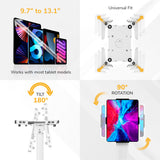 Four-panel graphic showcases the Mount-It! Universal Tablet Floor Kiosk: fits most 9.7"-13.1" tablets, features adjustable clamps for a universal fit, and allows 180° tilt and 90° rotation for flexible viewing.