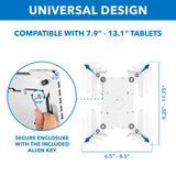 Diagram of the Mount-It! Universal Tablet Floor Kiosk, compatible with 7.9"–13.1" tablets, featuring adjustable arms, secure enclosure with Allen key, and dimensions of 6.5–8.5" wide by 9.25–11.75" tall.