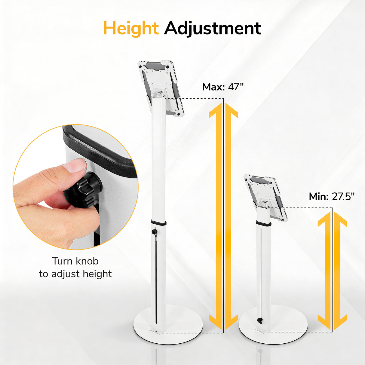 Two white Mount-It! Universal Tablet Floor Kiosks are shown, one at max height (47") and one at min height (27.5"). An inset shows a hand turning the knob labeled "Turn knob to adjust height." Text: Height Adjustment for secure tablet mount.
