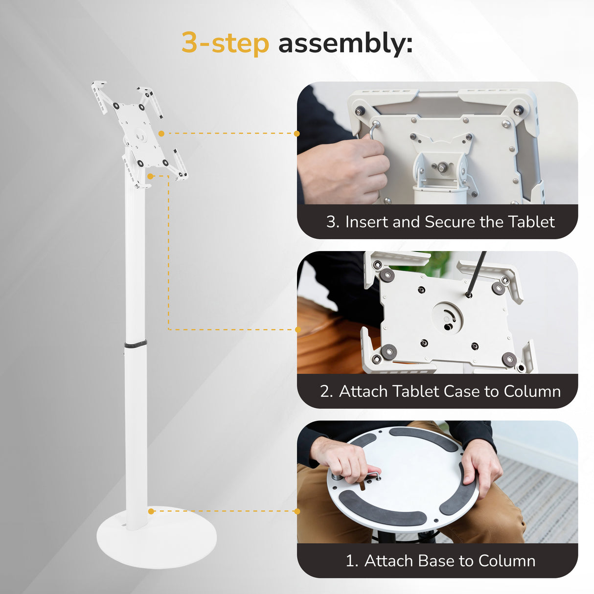 Instructional graphic for Mount-It! Universal Tablet Floor Kiosk: 1. Attach base to column, 2. Connect tablet enclosure to column, 3. Insert and secure your tablet.