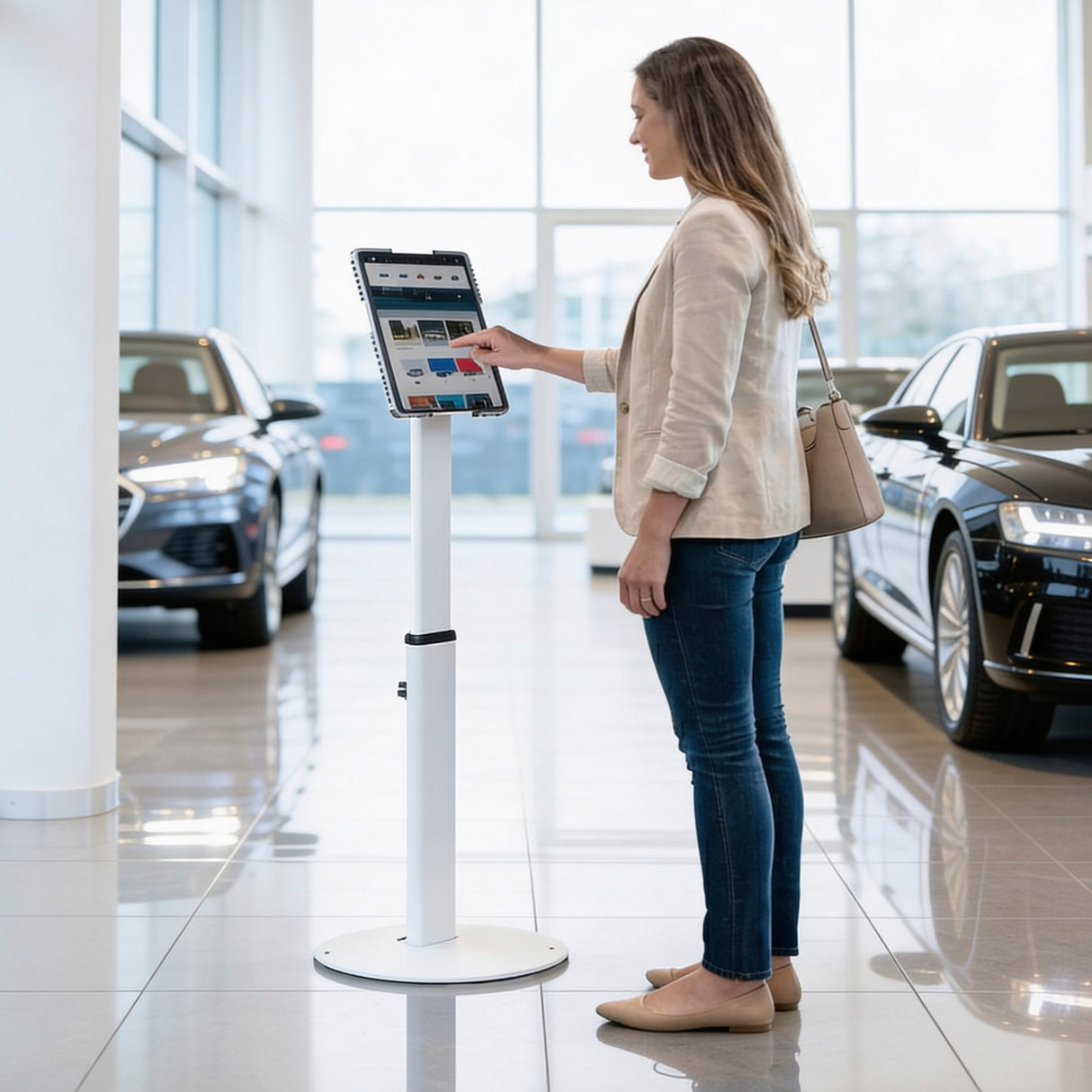 In a car showroom, a woman in a beige blazer, jeans, and flats uses the Mount-It! Universal Tablet Floor Kiosk as new cars are displayed in the background. She carries a purse over her shoulder while interacting with the secure tablet mount.