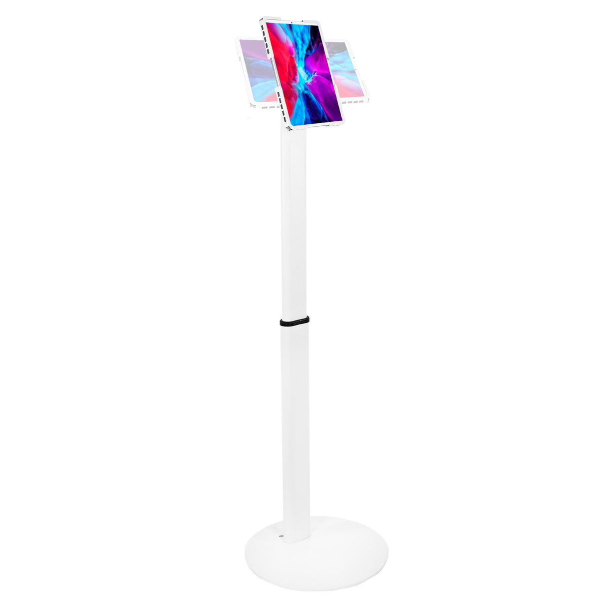 The Mount-It! Universal Tablet Floor Kiosk features a white adjustable stand with a secure tablet mount, a round stable base, and displays your tablet upright—perfect for showcasing colorful content.