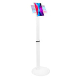 The Mount-It! Universal Tablet Floor Kiosk features a white adjustable stand with a secure tablet mount, a round stable base, and displays your tablet upright—perfect for showcasing colorful content.