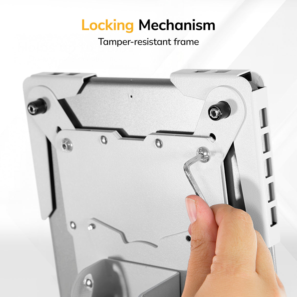 A hand uses a hex key to secure the locking mechanism on the Mount-It! Universal Tablet Floor Kiosk’s tamper-resistant metal frame. Text above reads: Locking Mechanism Tamper-resistant frame.