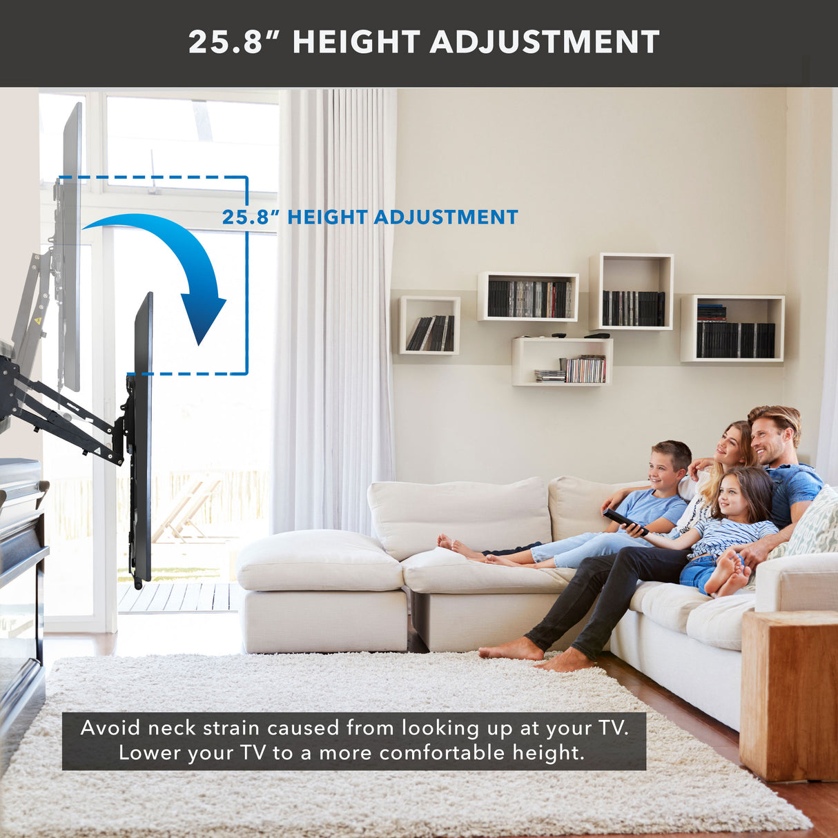 Family sitting on a couch in a living room with an electric above fireplace tv mount.