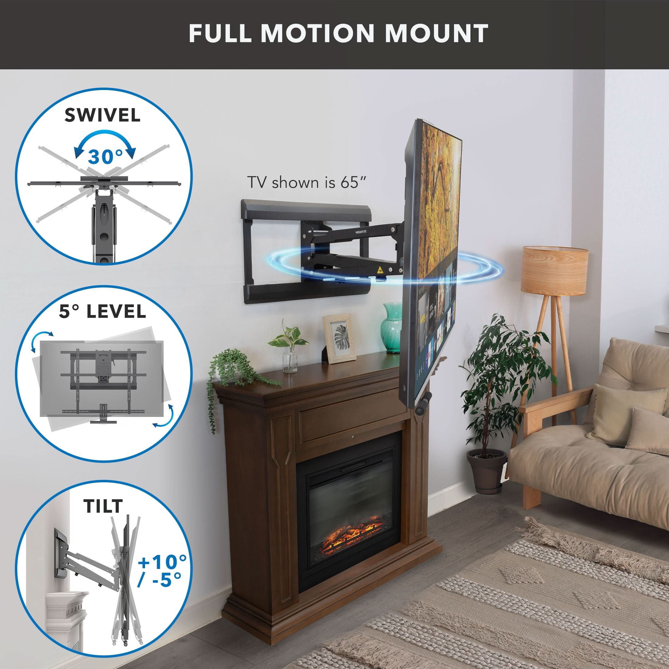 Mount-It! Pull Down Fireplace TV Mount - For TVs up to 65" for 42" to 65" TVs | holds up to 55 lbs | MI-384 - Thumbnail 3