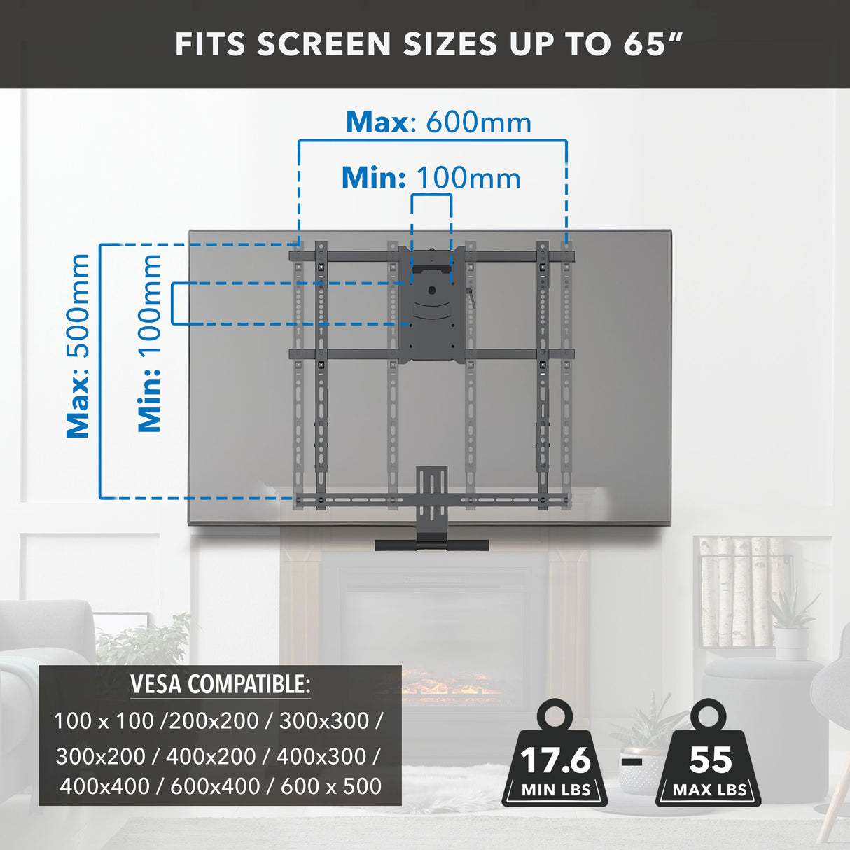 Pull Down Fireplace TV Mount - For TVs up to 65"