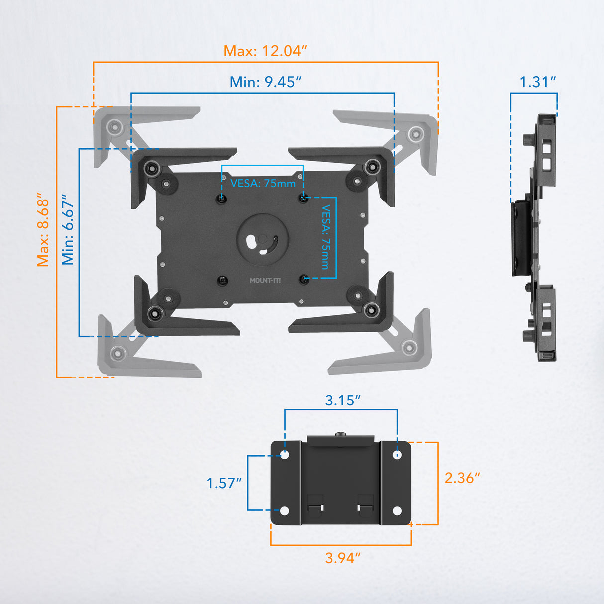 Mount-It! Universal Tablet Wall Mount features adjustable arms, VESA compatibility (75mm), dimensions: max width 12.04", max height 8.68", min width 9.45", min height 6.87", and a slim 1.31" side profile—perfect for universal enclosures.