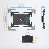 Mount-It! Universal Tablet Wall Mount features adjustable arms, VESA compatibility (75mm), dimensions: max width 12.04", max height 8.68", min width 9.45", min height 6.87", and a slim 1.31" side profile—perfect for universal enclosures.