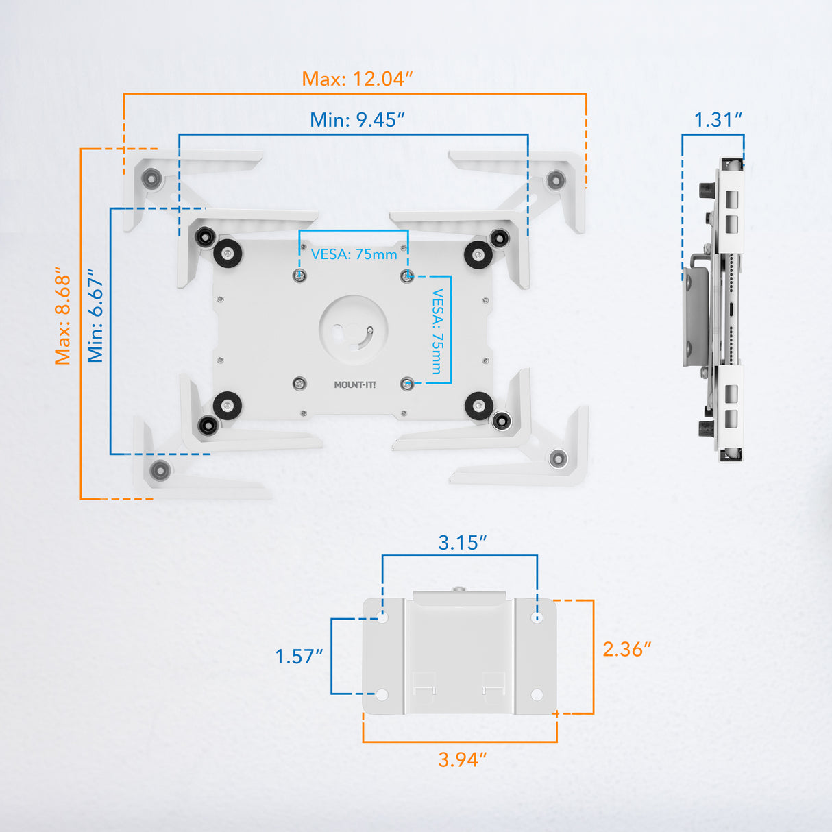 Diagram of the Mount-It! Universal Tablet Wall Mount with measurements: max width 12.04", min width 9.45", max height 8.88", min height 6.87", depth 1.31", VESA 75mm, plus close-ups showing detailed mounting plate dimensions.