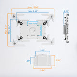 Diagram of the Mount-It! Universal Tablet Wall Mount with measurements: max width 12.04", min width 9.45", max height 8.88", min height 6.87", depth 1.31", VESA 75mm, plus close-ups showing detailed mounting plate dimensions.