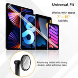 Image shows the Mount-It! Universal Anti-Theft Tablet Countertop Stand securely holding 7–15 inch tablets with a universal holder and strong double-sided adhesive. Text reads Universal Fit and Works with most 7–15 inch tablets.
