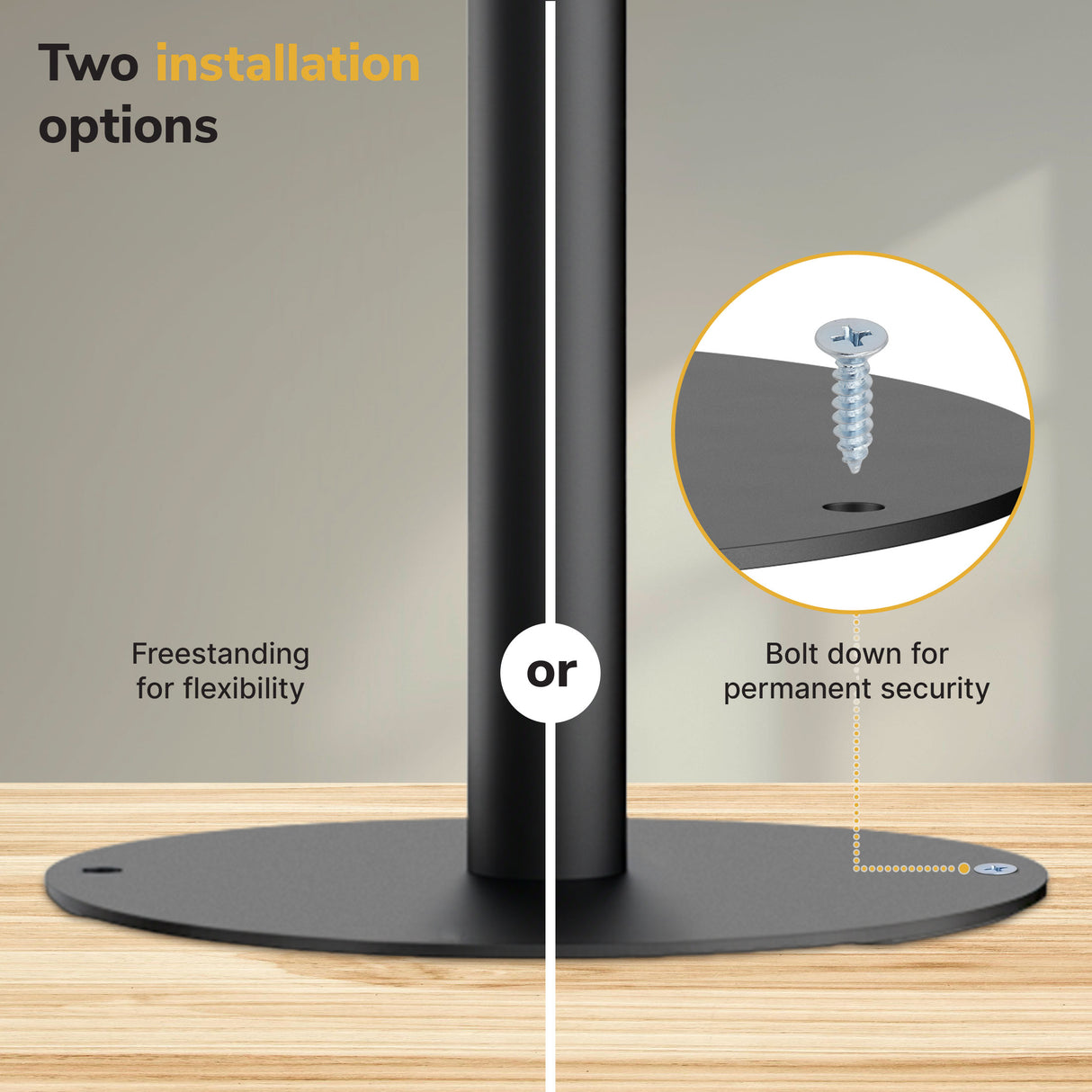 The Mount-It! Universal Anti-Theft Tablet Countertop Stand features a black pole with a round base and offers freestanding or bolted installation, providing secure, flexible tablet display options for countertops.
