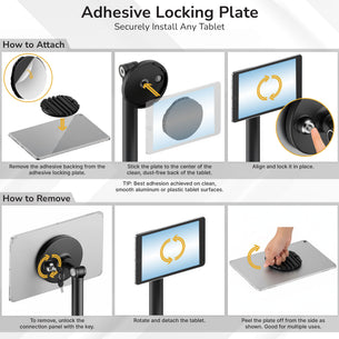 Instructional graphic for the Mount-It! Universal Anti-Theft Tablet Countertop Stand shows how to attach and remove the adhesive locking plate, with images and arrows for placement, alignment, rotation, and adhesive removal steps.