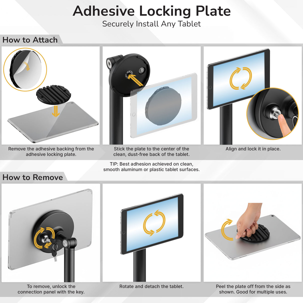 Instructional graphic for the Mount-It! Universal Anti-Theft Tablet Countertop Stand shows how to attach and remove the adhesive locking plate, with images and arrows for placement, alignment, rotation, and adhesive removal steps.