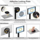 Instructional graphic for the Mount-It! Universal Anti-Theft Tablet Countertop Stand shows how to attach and remove the adhesive locking plate, with images and arrows for placement, alignment, rotation, and adhesive removal steps.