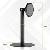 A sleek black Universal Anti-Theft Tablet Countertop Stand by Mount-It! featuring a round base measuring 7.87 inches in diameter, a vertical pole 13.66 inches tall and 1.26 inches thick, topped with a circular mounting plate 4.33 inches wide, designed to securely hold tablets while providing anti-theft protection in a professional, minimalist style.