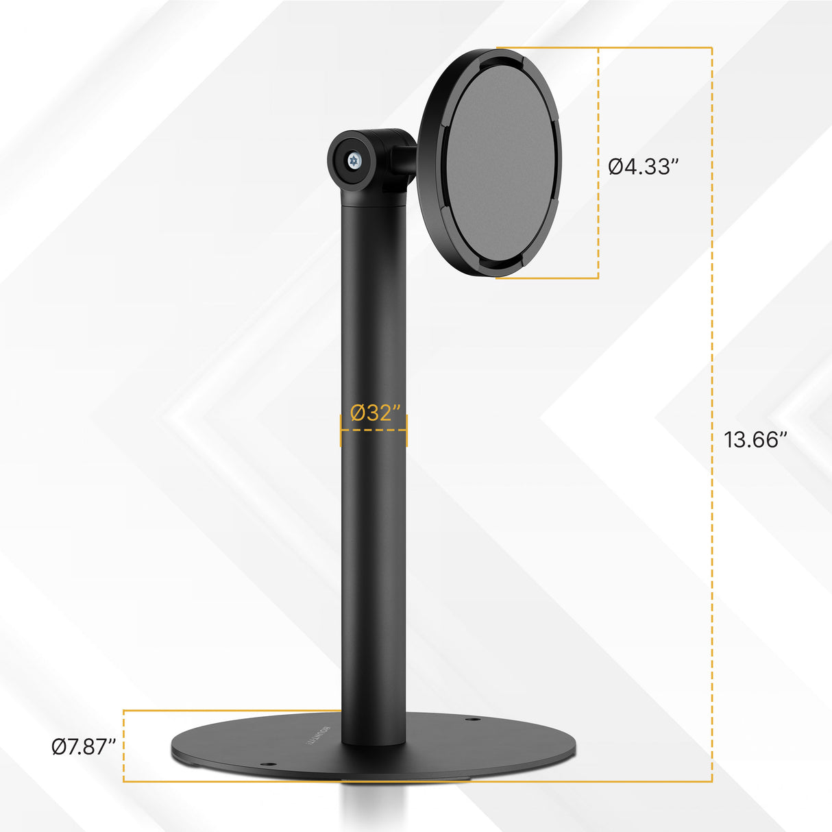 The Mount-It! Universal Anti-Theft Tablet Countertop Stand is a black, vertical holder with a 7.87" round base, 13.66" tall stem (3.2" diameter), and 4.33" circular mount—ideal for secure tablet display, with labeled measurements shown.