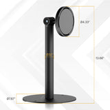 The Mount-It! Universal Anti-Theft Tablet Countertop Stand is a black, vertical holder with a 7.87" round base, 13.66" tall stem (3.2" diameter), and 4.33" circular mount—ideal for secure tablet display, with labeled measurements shown.