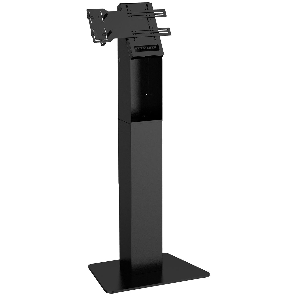 The Mount-It! Point-of-Sale Kiosk Stand is a sleek black metal floor stand with a flat rectangular base and adjustable VESA mount, ideal for holding monitors in modern self-service kiosk setups.