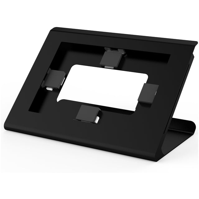 The Mount-It! Universal Tablet Countertop Stand is a black, angled metal holder with four adjustable corner grips and a center cutout, designed to securely hold your tablet in place.