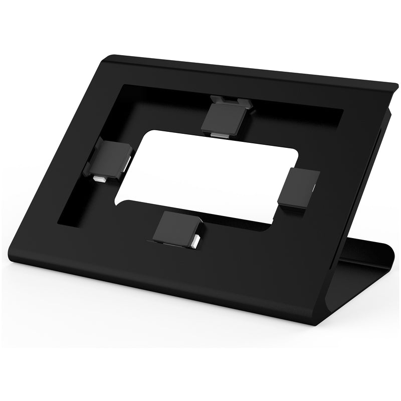 The Mount-It! Universal Tablet Countertop Stand is a black, angled metal holder with four adjustable corner grips and a center cutout, designed to securely hold your tablet in place.