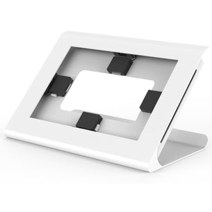 The Mount-It! Universal Tablet Countertop Stand in white features a tamper-proof, angled design with a rectangular cutout and four black corner grips to securely hold your device.
