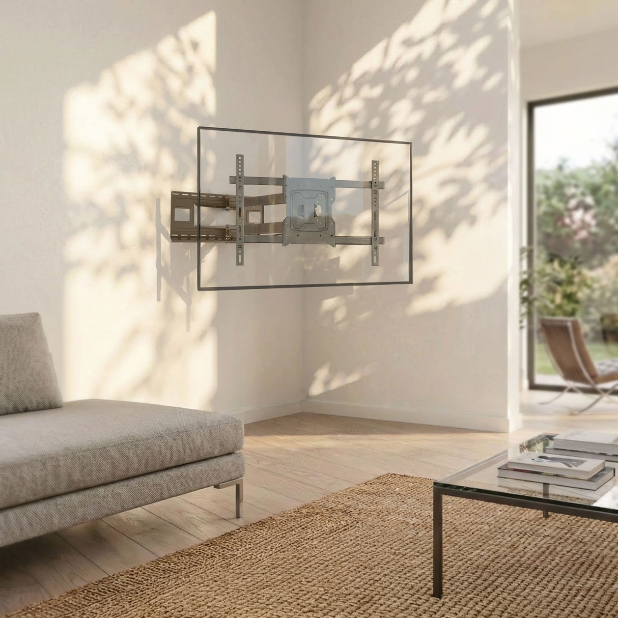 A modern living room showcases the Mount-It! Full-Motion TV Wall Mount with 40" Extension, casting leaf shadows on a white wall near a beige sofa, glass coffee table, and large windows.