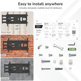 Mount-It! Full-Motion TV Wall Mount with 40" Extension: dual-arm design for wood studs, brick, and concrete walls. Includes hardware, template, bubble level, tools, and step-by-step installation guide.