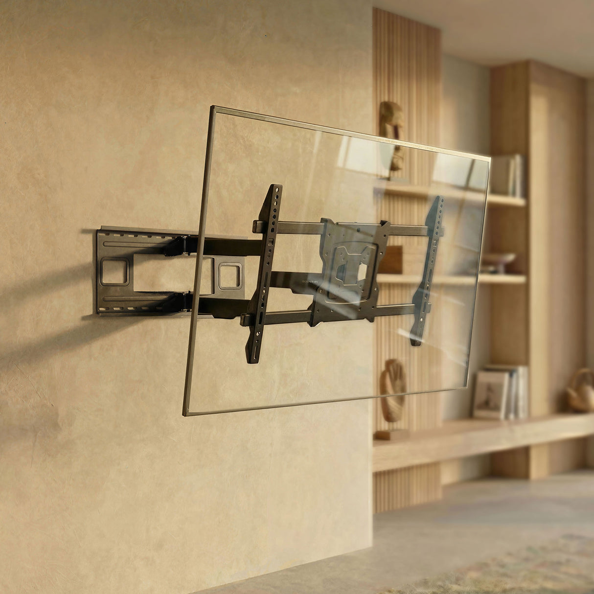 A Mount-It! Full-Motion TV Wall Mount with 40" Extension holds a flat-screen TV in a modern living room with beige walls, wooden shelves, and decorative items in the background.