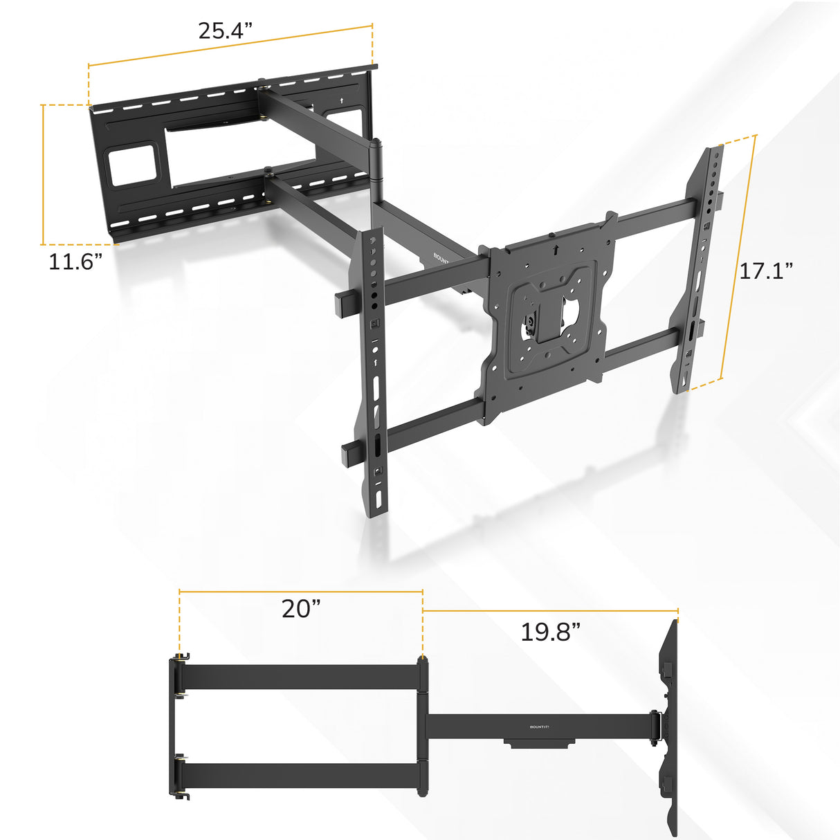 The Mount-It! Full-Motion TV Wall Mount with 40" Extension is shown in black with a dual-arm design, adjustable angles, and labeled dimensions: 25.4", 11.6", 17.1" on the mount, and 20", 19.8" on the side extension view.