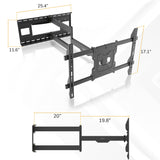 The Mount-It! Full-Motion TV Wall Mount with 40" Extension is shown in black with a dual-arm design, adjustable angles, and labeled dimensions: 25.4", 11.6", 17.1" on the mount, and 20", 19.8" on the side extension view.