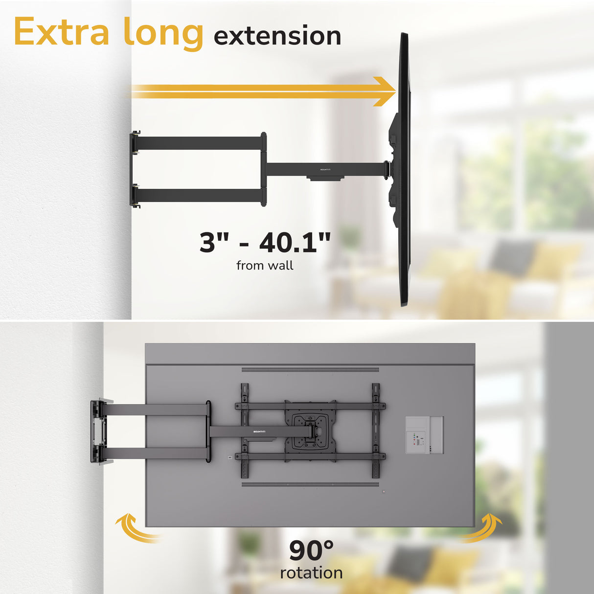 Mount-It! Full-Motion TV Wall Mount with 40" Extension shown in side and top views: dual-arm design, extends 3 to 40", tilts, swivels, and rotates TV 90°. Blurred living room background; text highlights key product features.