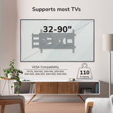 The Mount-It! Full-Motion TV Wall Mount with 40" Extension is shown in a modern living room, supporting most 32-90" TVs (VESA compatible) up to 110 lbs, featuring sturdy dual arms with tilt and swivel for optimal viewing.