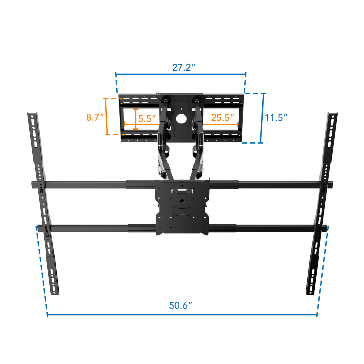 The Mount-It! The Beast XXL Heavy-Duty Full Motion TV Wall Mount is shown in black with measurements: 50.6" wide, 27.2" top, 25.5" and 5.5" on the mounting plate, and heights of 8.7" (left) and 11.5" (right).