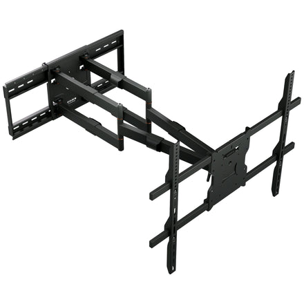 The Beast Full Motion Weatherproof TV Wall Mount by Mount-It! is a black, heavy-duty steel bracket for flat-screen TVs with multiple arms for extending, swiveling, and tilting—ideal as an outdoor TV mount with weather-resistant protection.