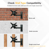 Instructional graphic for the Mount-It! Full Motion Display Wall Mount shows three mounting options: brick wall, solid concrete, or a single wood stud. Features VESA compatibility. Do not mount directly on drywall.
